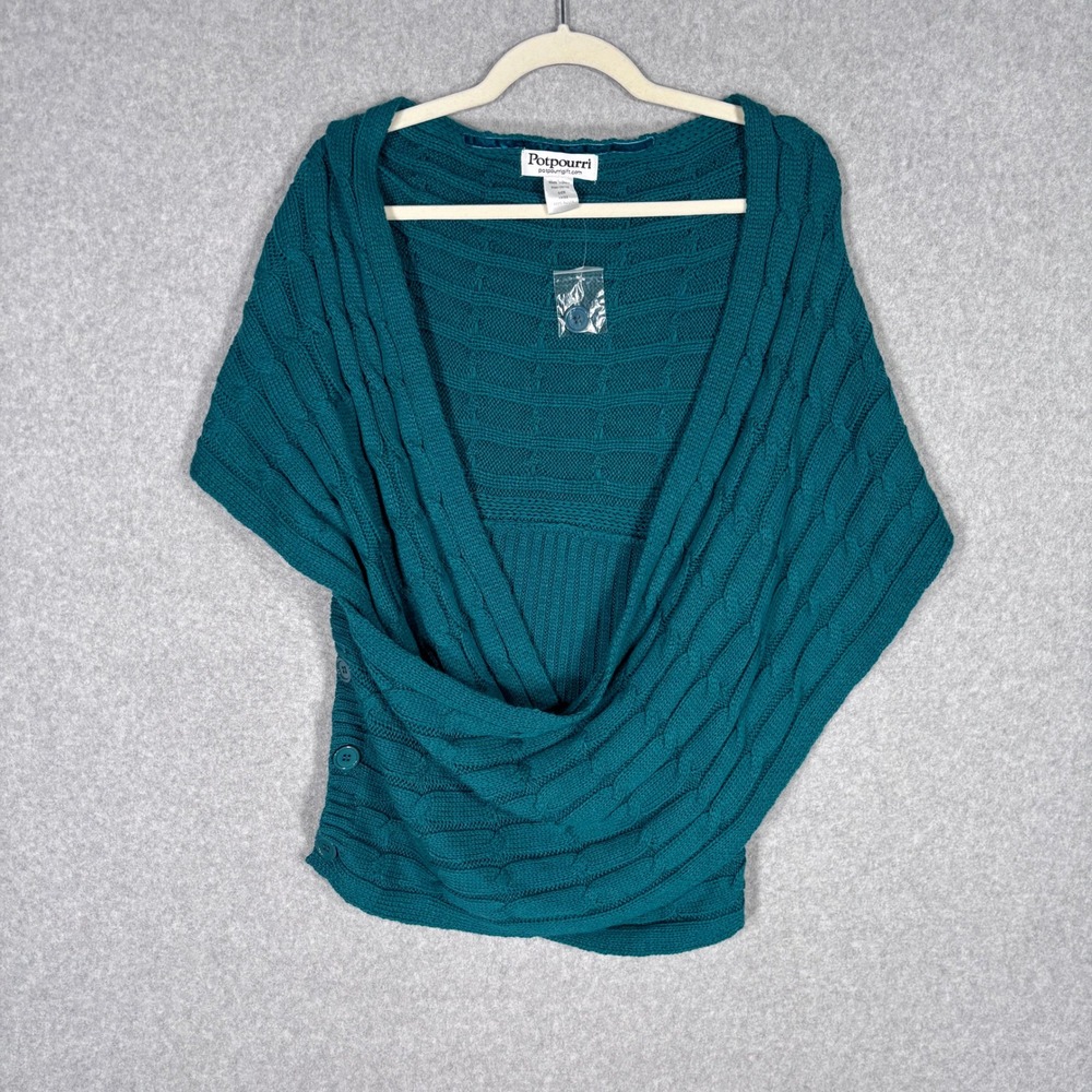 Potpourri Cable‎ Knit Poncho Wrap Sweater 1X 2X Teal Chunky Vacation Feminine